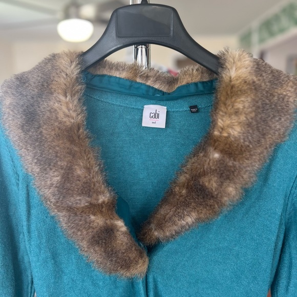 Cabi Tearoom Cardigan Teal Blue Green Fur V-Neck Long Sleeve 3018 Sz M - Picture 5 of 8
